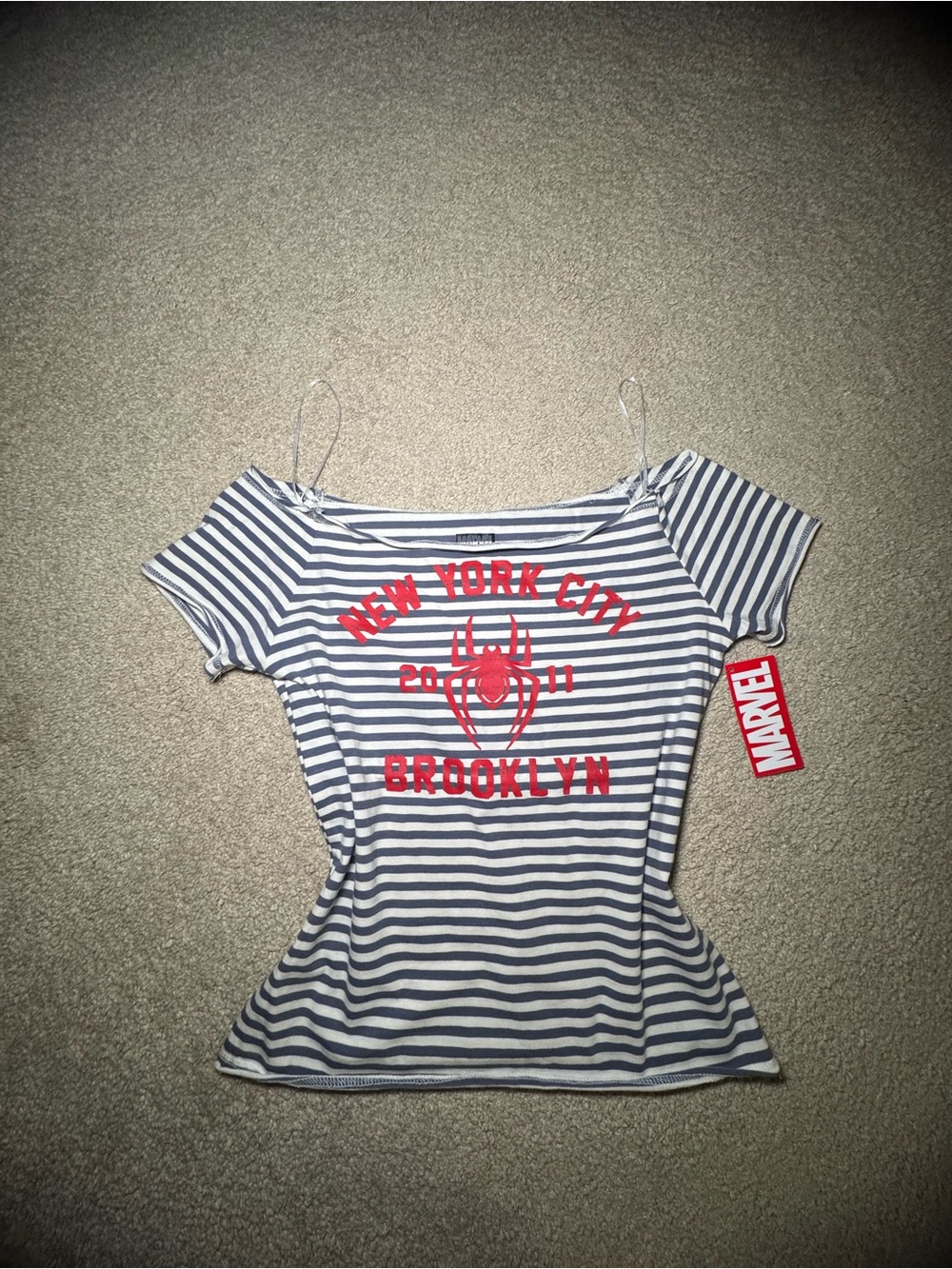 Marvel New York City Brooklyn Junior's Striped Off-Shoulder Top